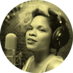 Gillian Butler Voiceover portrait in front of microphone - yellow chromatic